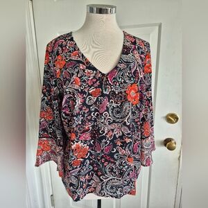 J. Jill Navy,Pink And Orange Floral Top 3/4 Sleeve V Neck Bliuse NWT M Petite
